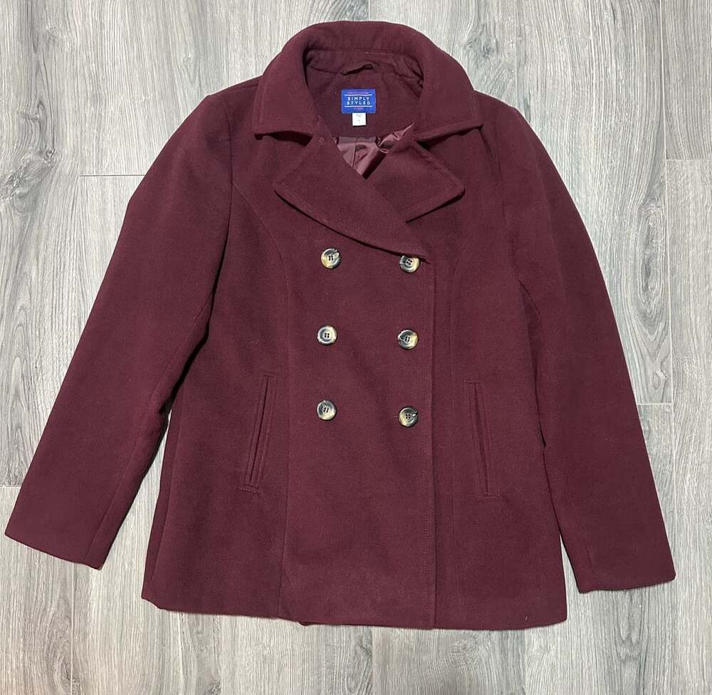 Simply Styled Pea Coat Size L Burgundy Double Breasted Jacket